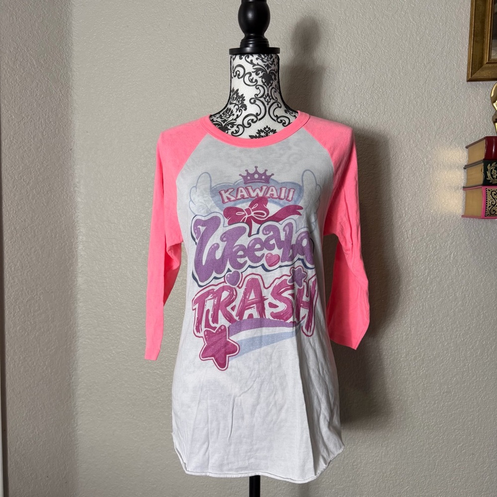 American Apparel Kawaii Graphic Long Sleeve Tee - Pink and White